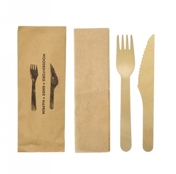 Kraft Wooden Knife, Fork and Napkin Packs