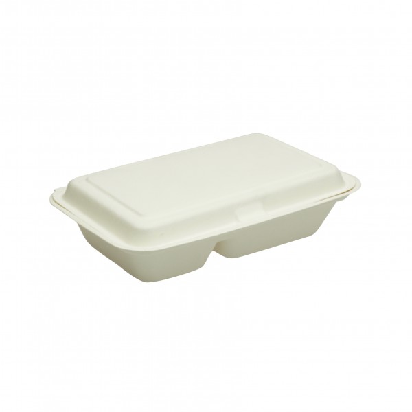 White Biodegradable Sugarcane 2 Compartment Snack Clams