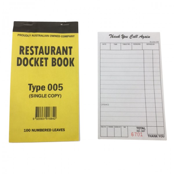  Single Copy Restaurant Docket Books